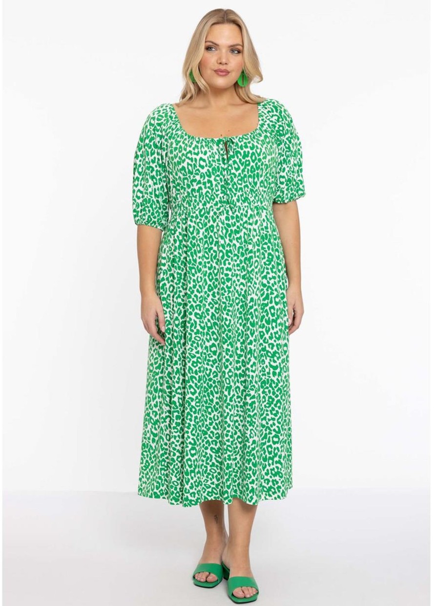 Jurken En Rokken | Yoek Yoek Dress Smocked Wasit Green Leo My237060 - 240 Green Leo