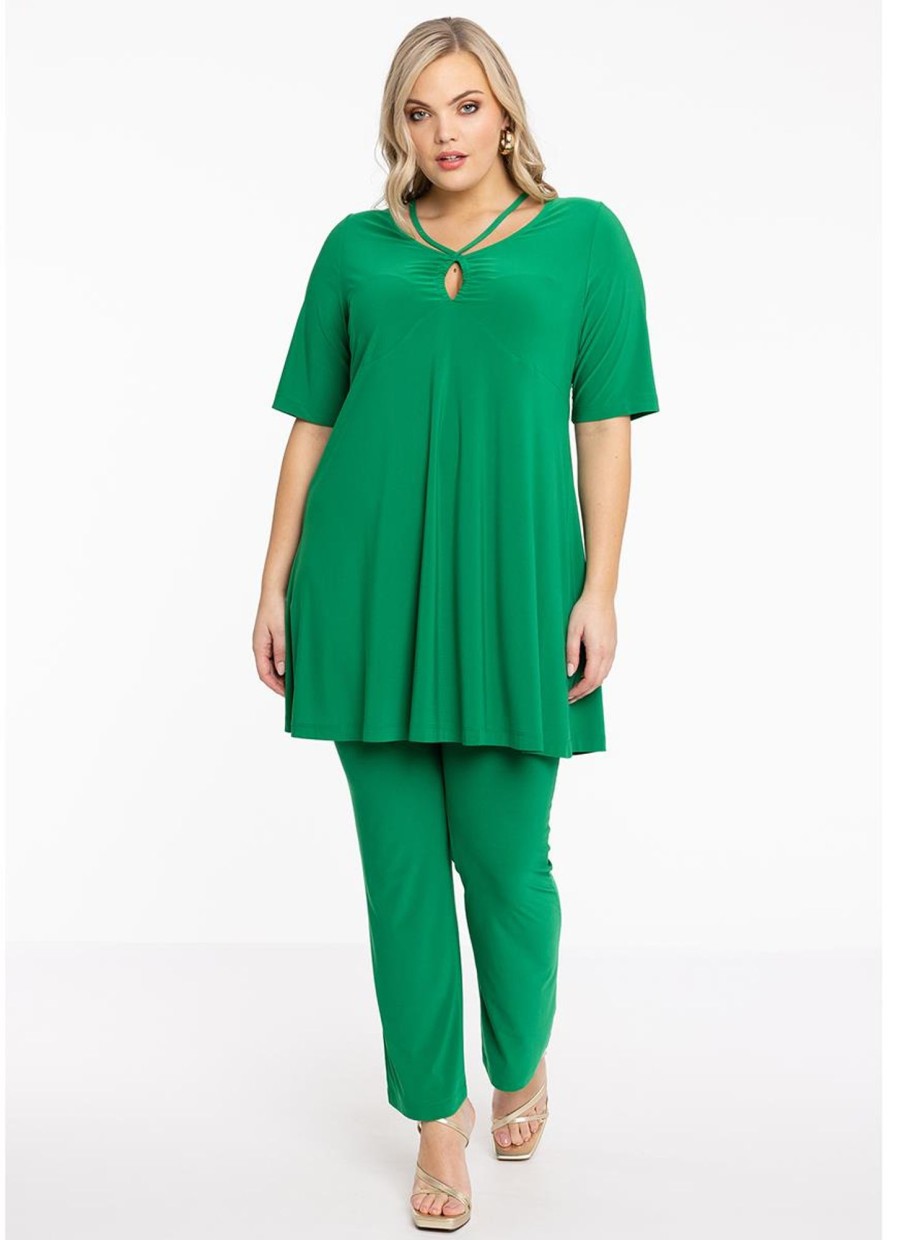 Travelstof Kleding Grote Maten | Yoek Tunic Wide Bottom Strings Dolce 174584 - 240 Green