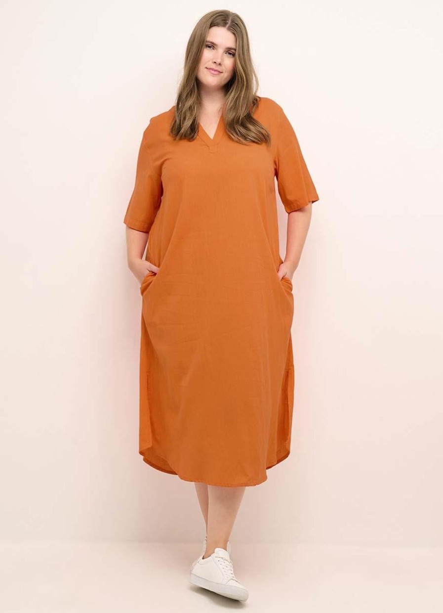 Linnen Kleding Grote Maten | Kaffe Curve Kaffe Curve Kaftan Mayi 10581486 - 161362 Vermillion Orange