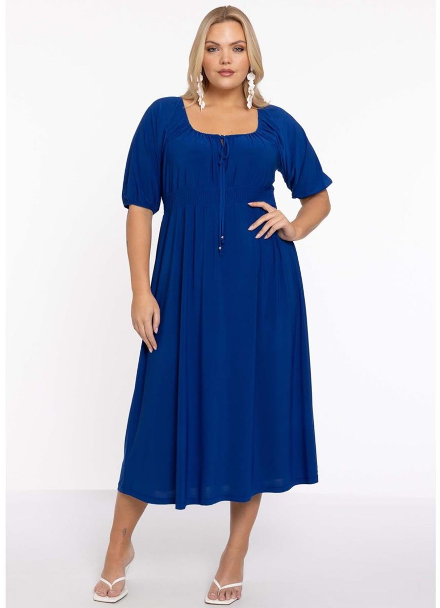 Travelstof Kleding Grote Maten | Yoek Yoek Dress Smock Waist Dolce 237063 - 232 Cobalt