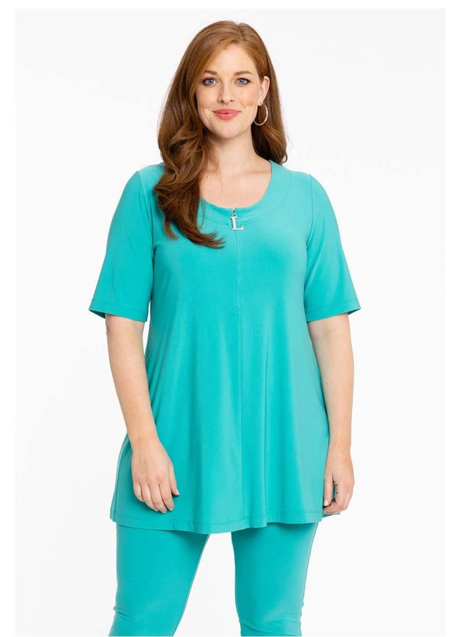 Travelstof Kleding Grote Maten | Yoek Yoek Loretta'S Tunic L Zipper Dolce L164041-233 Turquoise