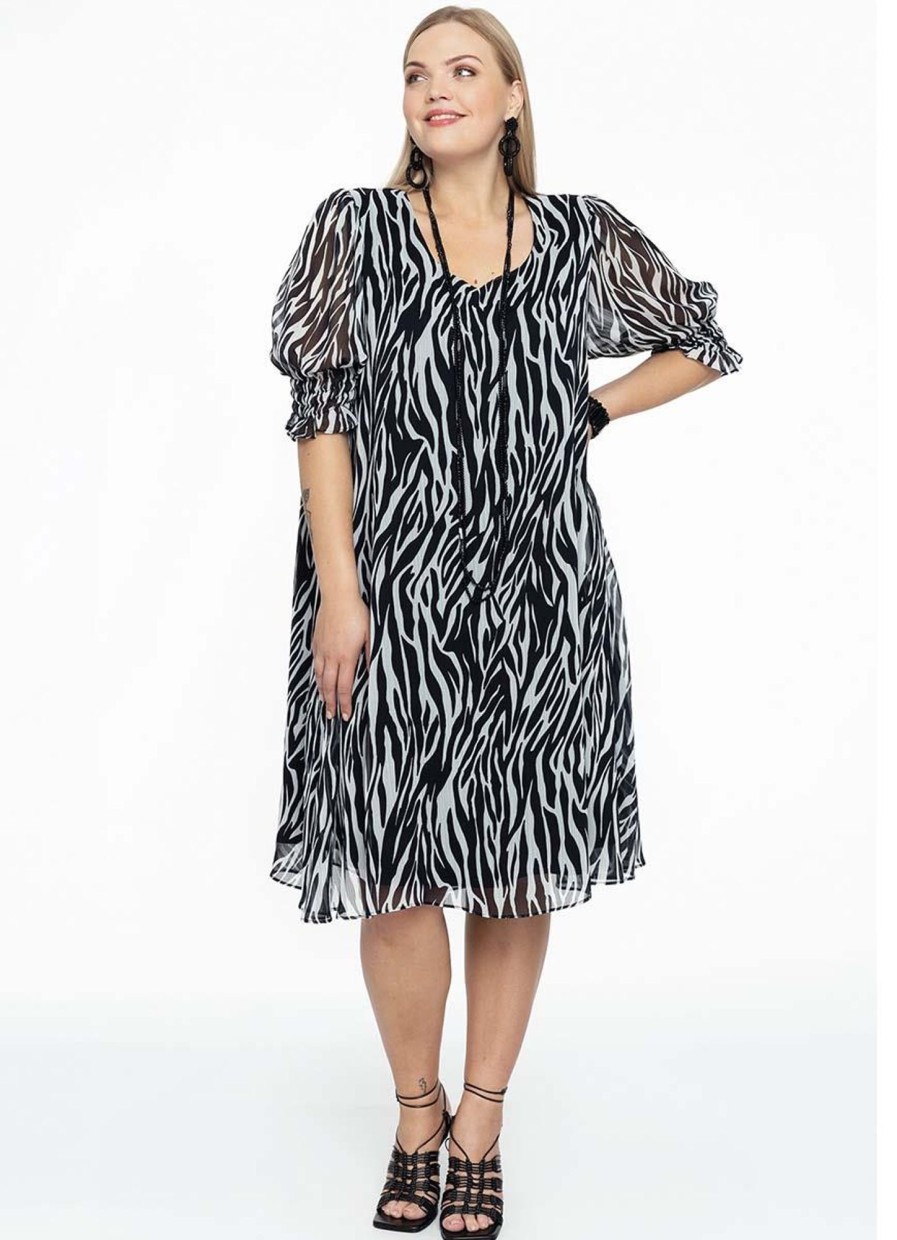 Jurken En Rokken | Yoek Yoek Jurk Puff Sleeve Zebra 1617582 Zwart-Wit