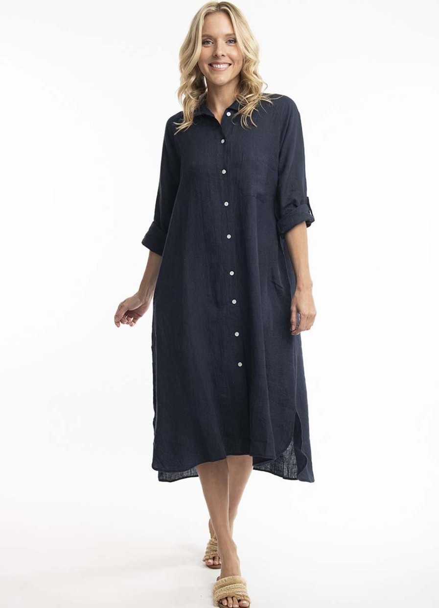 Linnen Kleding Grote Maten | Orientique Escape By Orientique Dress Linnen 71456 - Navy