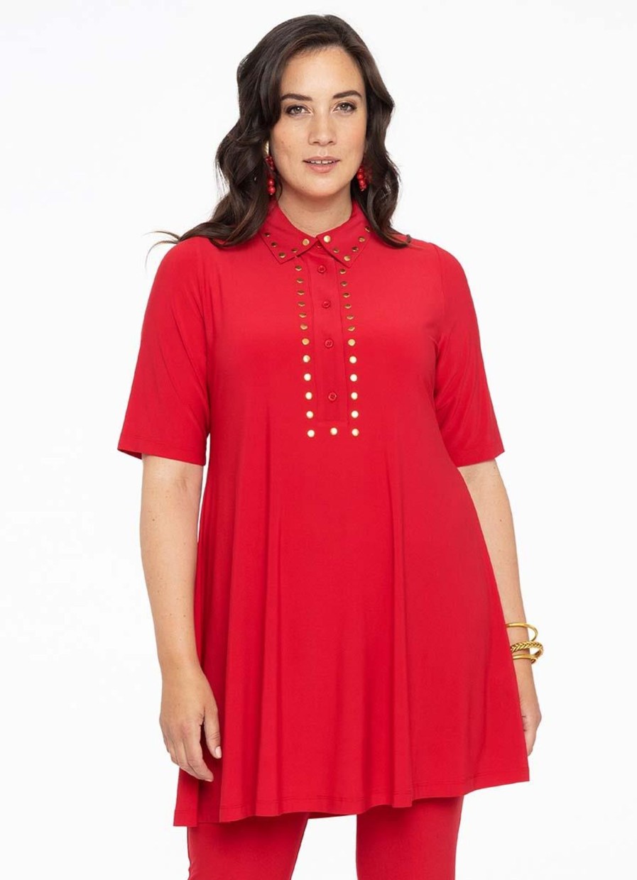 Travelstof Kleding Grote Maten | Yoek Yoek Tunic Polo Wide Bottom Gold Dots Dolce Bl164235 - 260 Rood