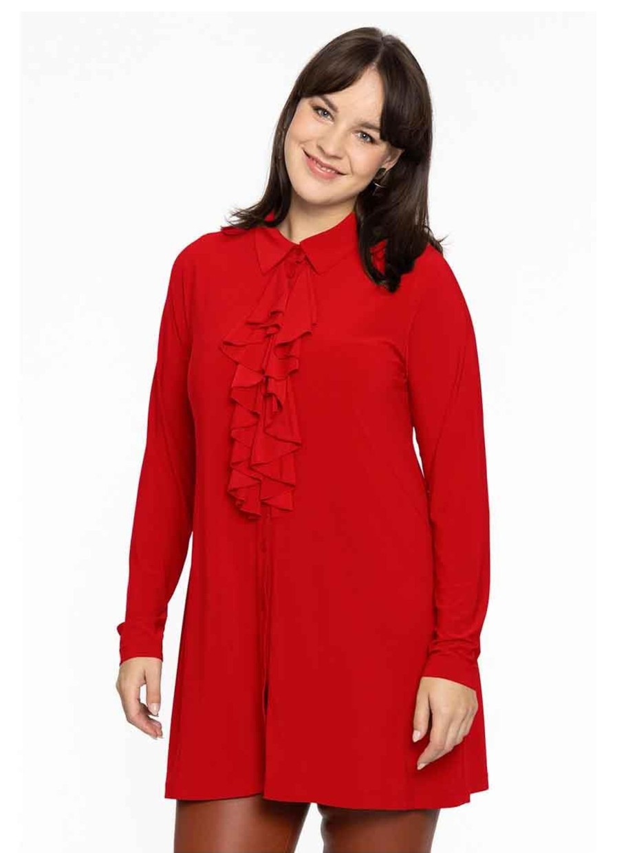 Travelstof Kleding Grote Maten | Yoek Yoek Blouse Frilled Front Dolce Rood Bl133704